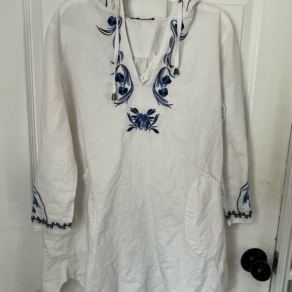 For Cynthia Tops - For Cynthia White & Blue Embroidered Hooded Tunic Boho Coastal Size L